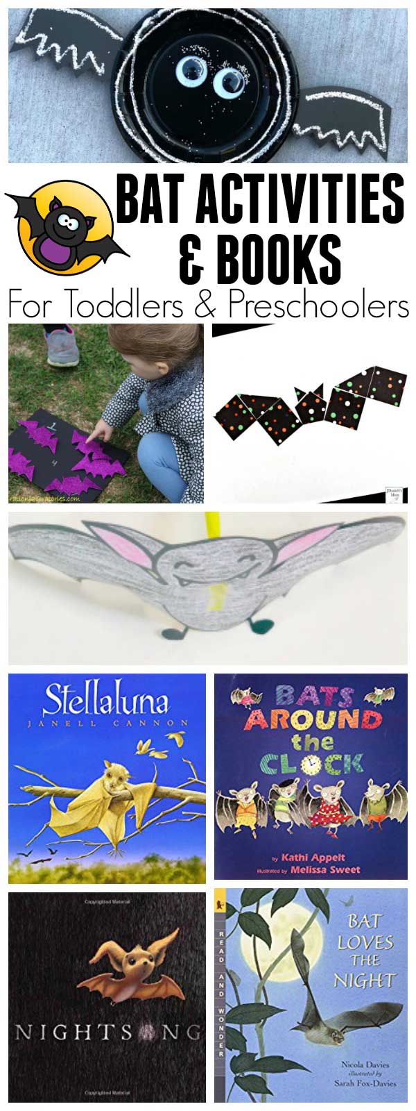 Week activity plan for bat or nocturnal animals with the featured book Stellaluna by Janell Cannon, aimed at Toddlers and Preschoolers