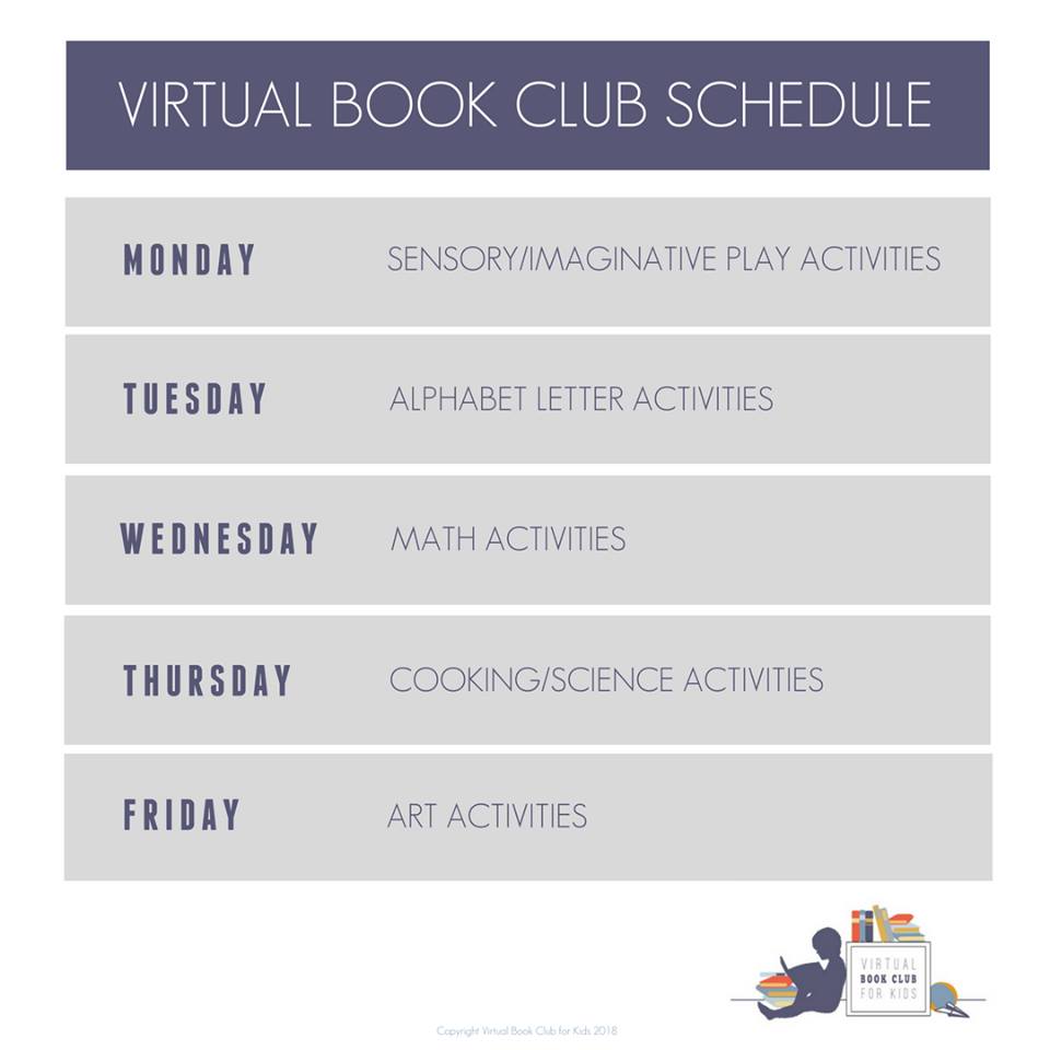 structured weekly schedule for the virtual book club for kids