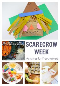 Fun week of scarecrow themed activities for preschoolers inspired by the book The Little Old Lady Who Was Not Afraid of Anything.