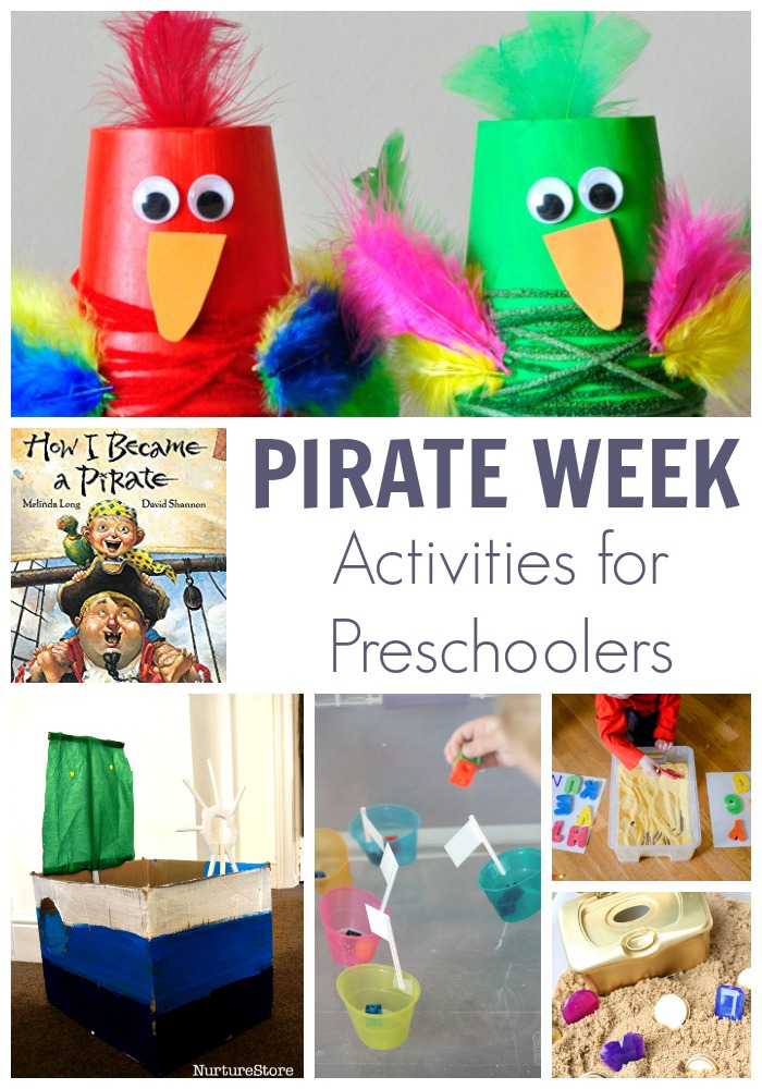 Pirate Week Activity Plan for Preschoolers inspired by the book How I Became a Pirate. Featuring 5 simple play, learn and create activities for a fun week.