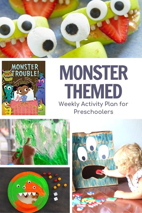 collage of simple and easy low prep monster activities for preschooleers and the cover of the virtual book club for kids featured book Monster Trouble