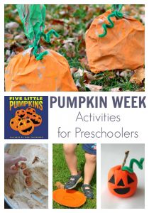 Fun pumpkin week themed activities for preschoolers featuring the picture book 5 Little Pumpkins by Dan Yaccarino. Have fun, read, play, create and learn