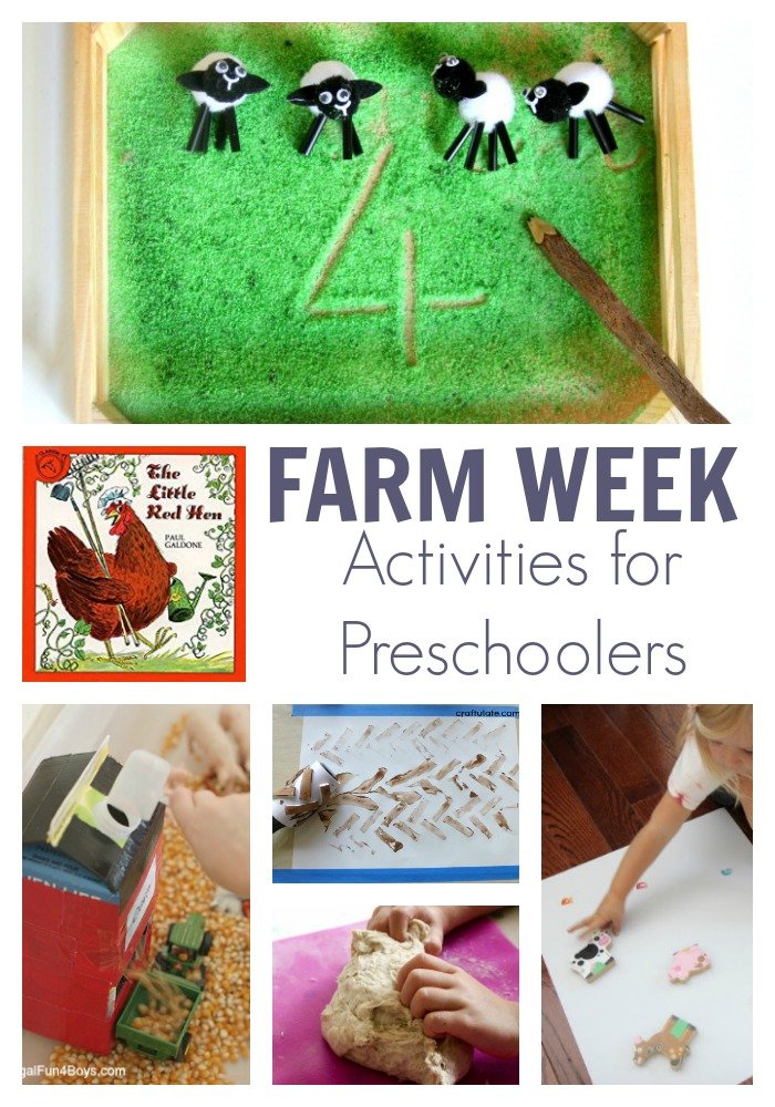 Selection of hands-on activities for preschooler based around the farm theme featuring The Little Red Hen classic picture book for kids.