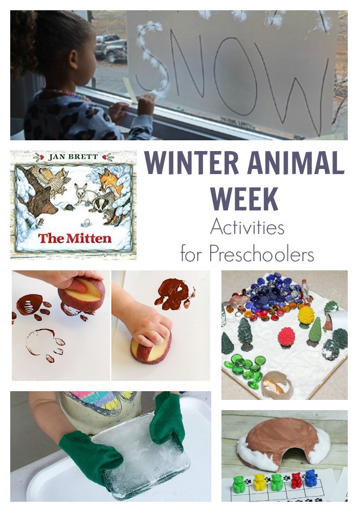 Activity Week Plan for Preschoolers on the theme of Winter Animals featuring The Mitten by Jan Brett. Have fun, play, create and learn with this fun unit theme for tots.