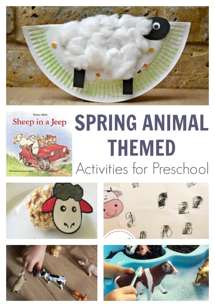 Spring animal themed activities for preschool featuring sheep in a jeep by Nancy Shaw