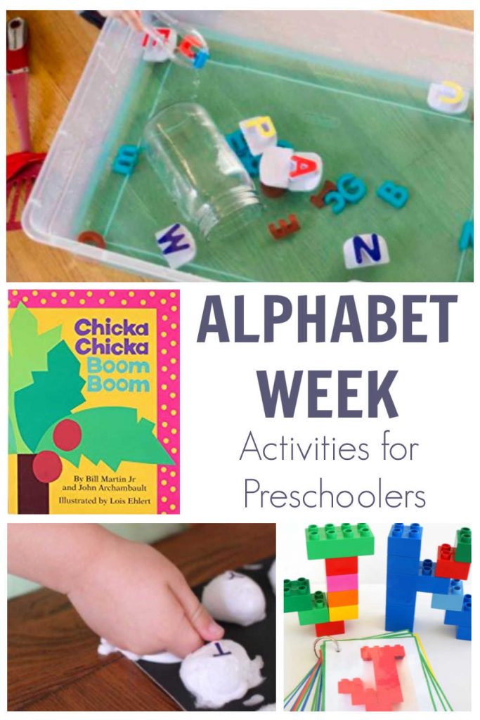 Alphabet Week Activities Collage showing a pick of the best Activities for preschoolers to do whilst reading Chicka Chicka Boom Boom