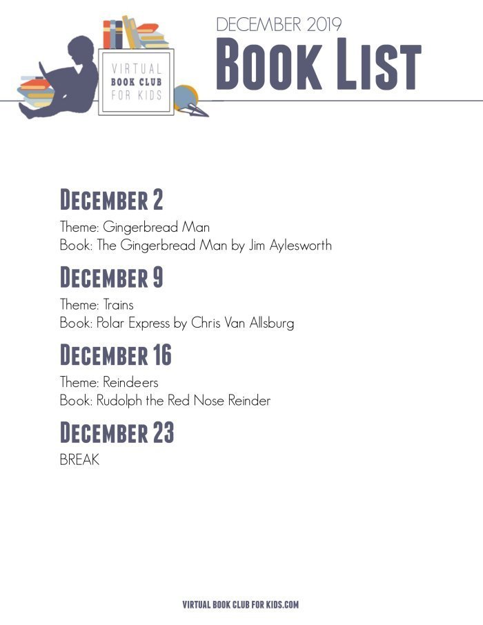 December Book List for Virtual Book Club for Kids with Dates, Themes and Books for 2019