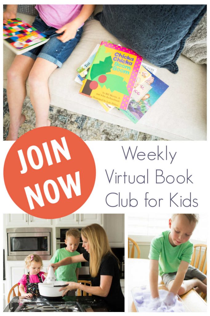 Collage of activities inspired by books to do at home with your toddlers and preschoolers with text reading JOIN NOW Weekly Virtual Book Club for Kids