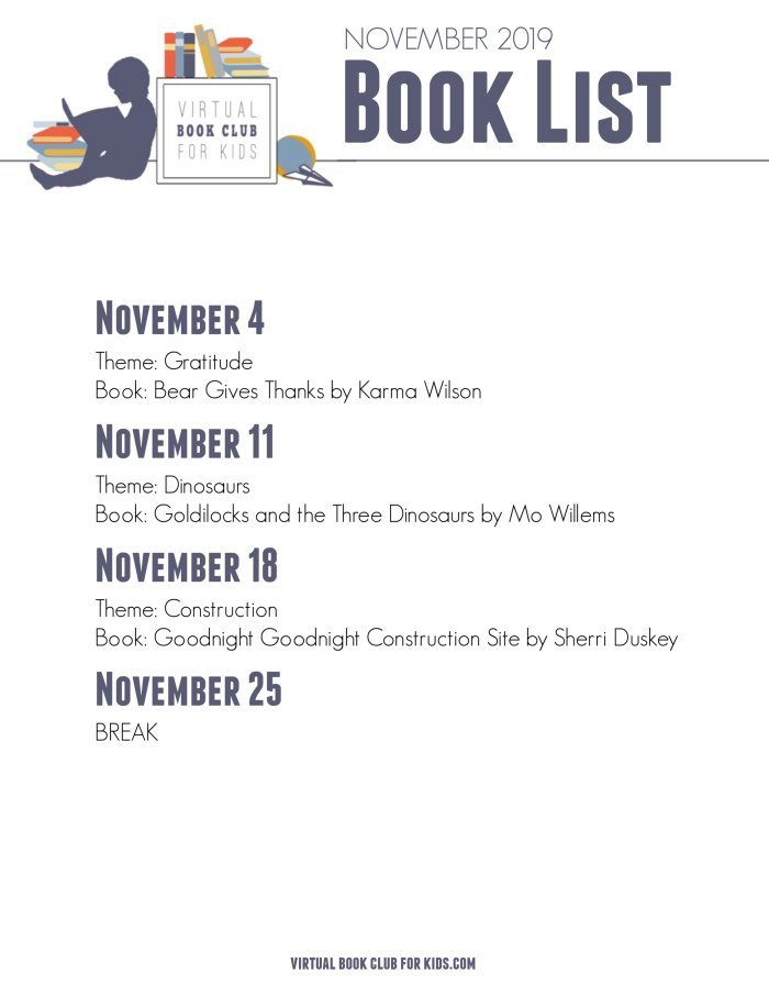 November Book List for Virtual Book Club for Kids with Dates, Themes and Books for 2019