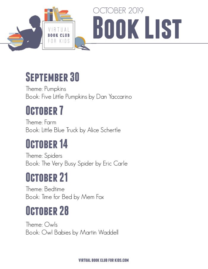 October Book List for Virtual Book Club for Kids with Dates, Themes and Books for 2019