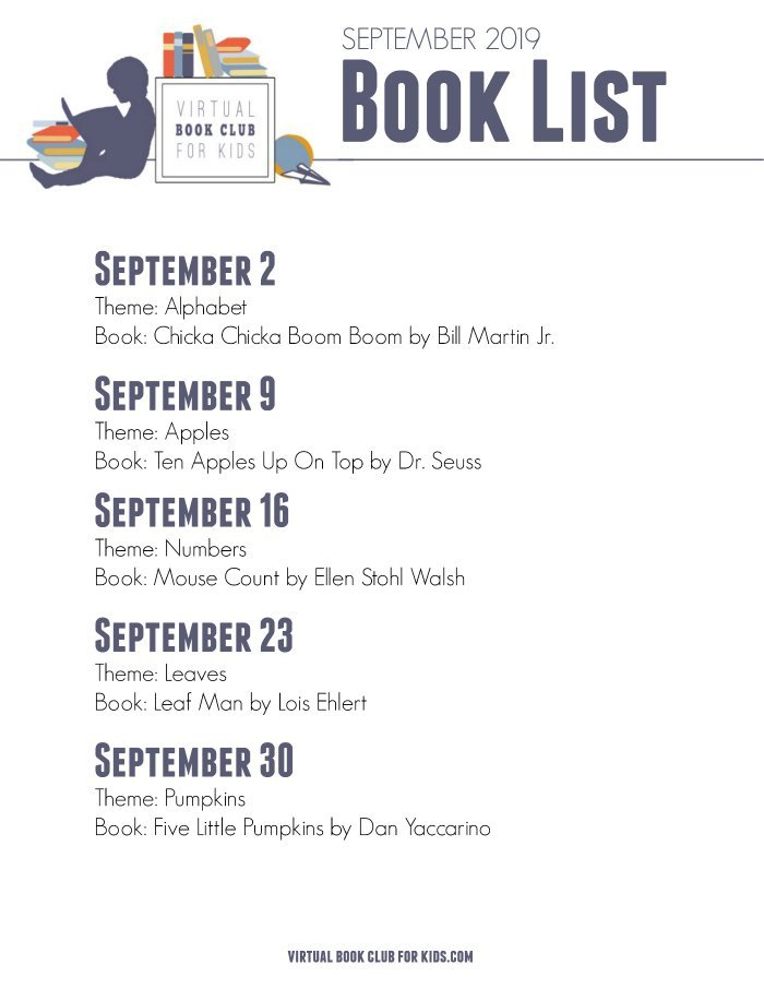 September Book List for Virtual Book Club for Kids with Dates, Themes and Books for 2019