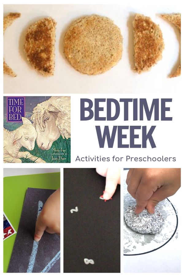 bedtime week of activities for preschoolers collage with featured book Time for Bed by Mem Fox