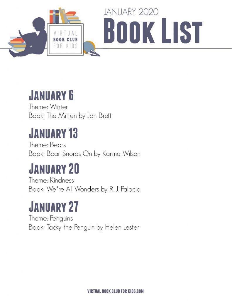 January book and theme list from the Virtual Book Club for Kids