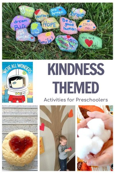 Kindness themed activities for preschoolers featuring the book We're All Wonders by R.J. Palacio