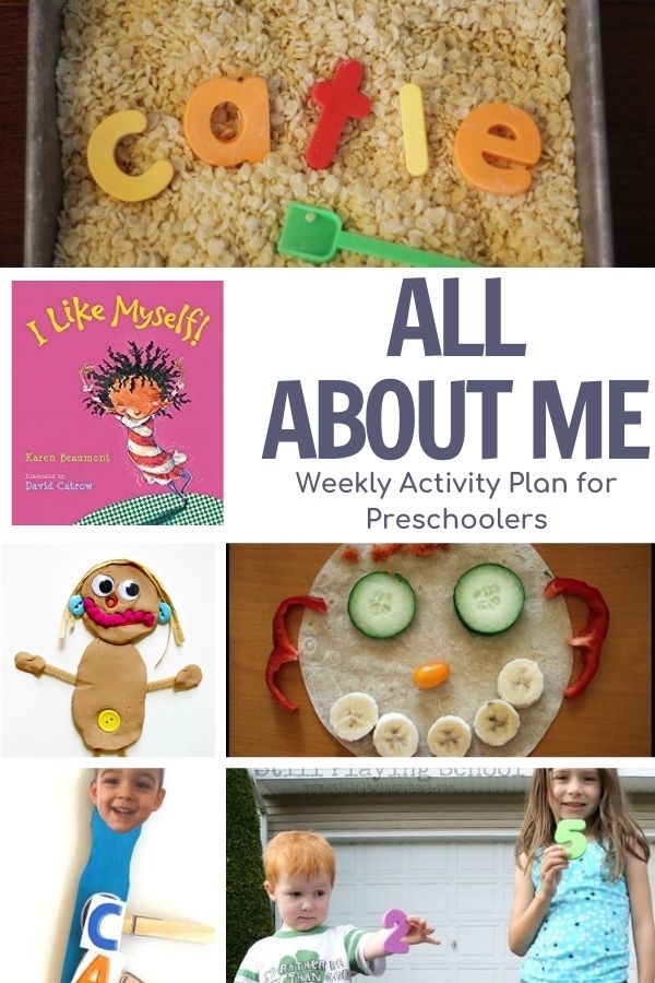 Collage of activities for a week of preschool fun on the theme of All About Me featuring the book I Like Myself also featured in the collage