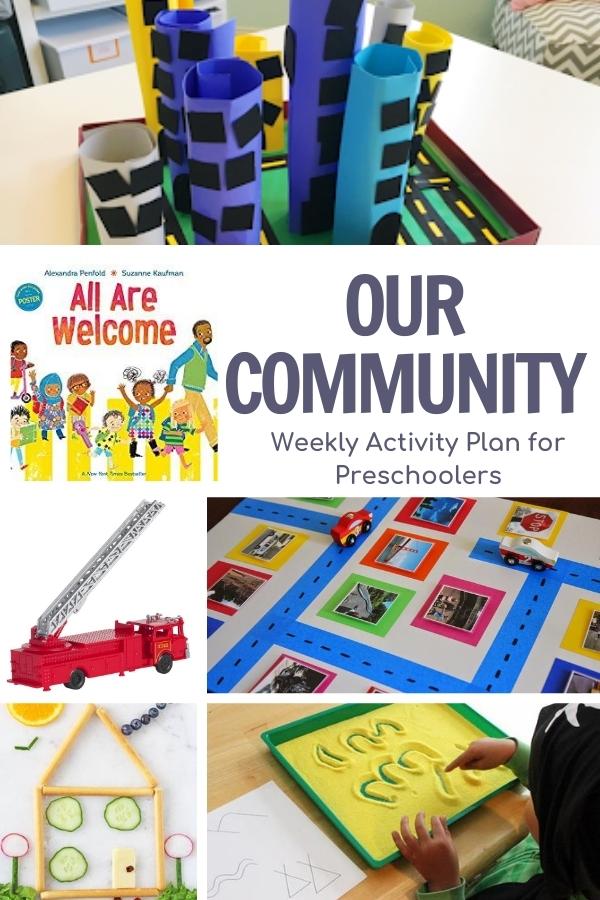 collage of our community activities to go with the book all are welcome for preschoolers