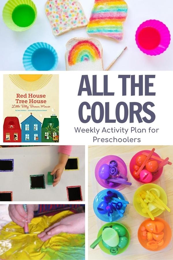 Collage of color activities for preschoolers to go with the book Red House Tree House Little Bitty Brown Mouse