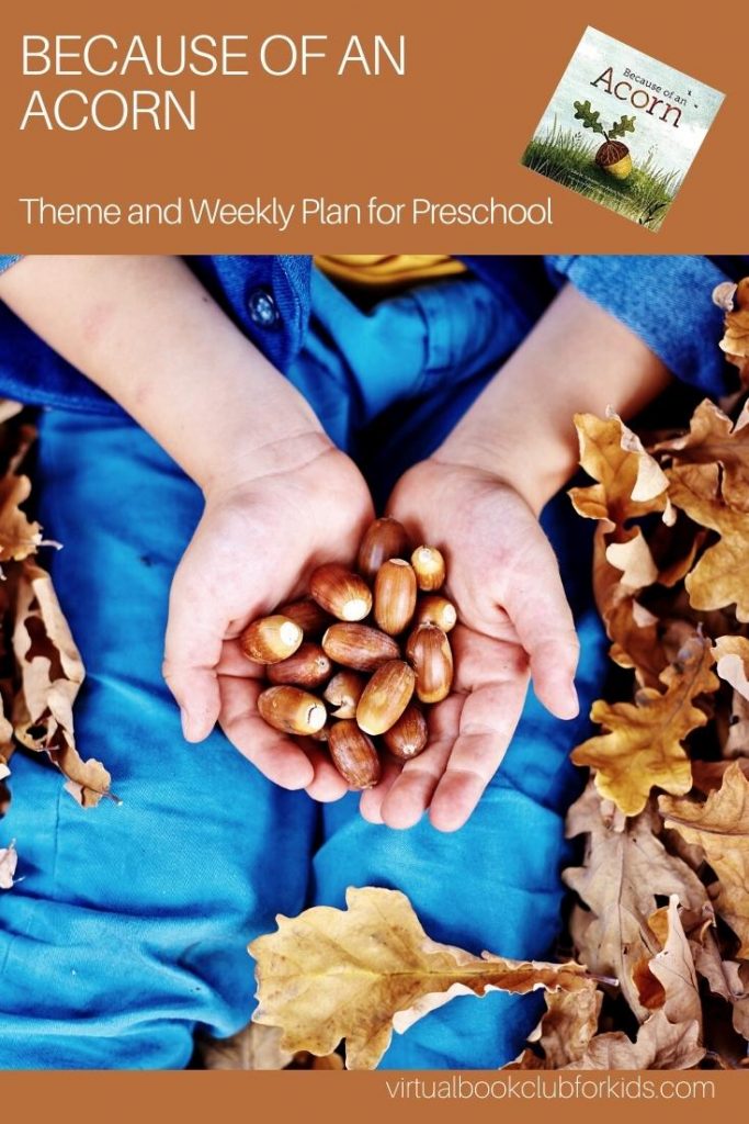 child holding acorns for a pinterest image for acorn themed activities for preschoolers