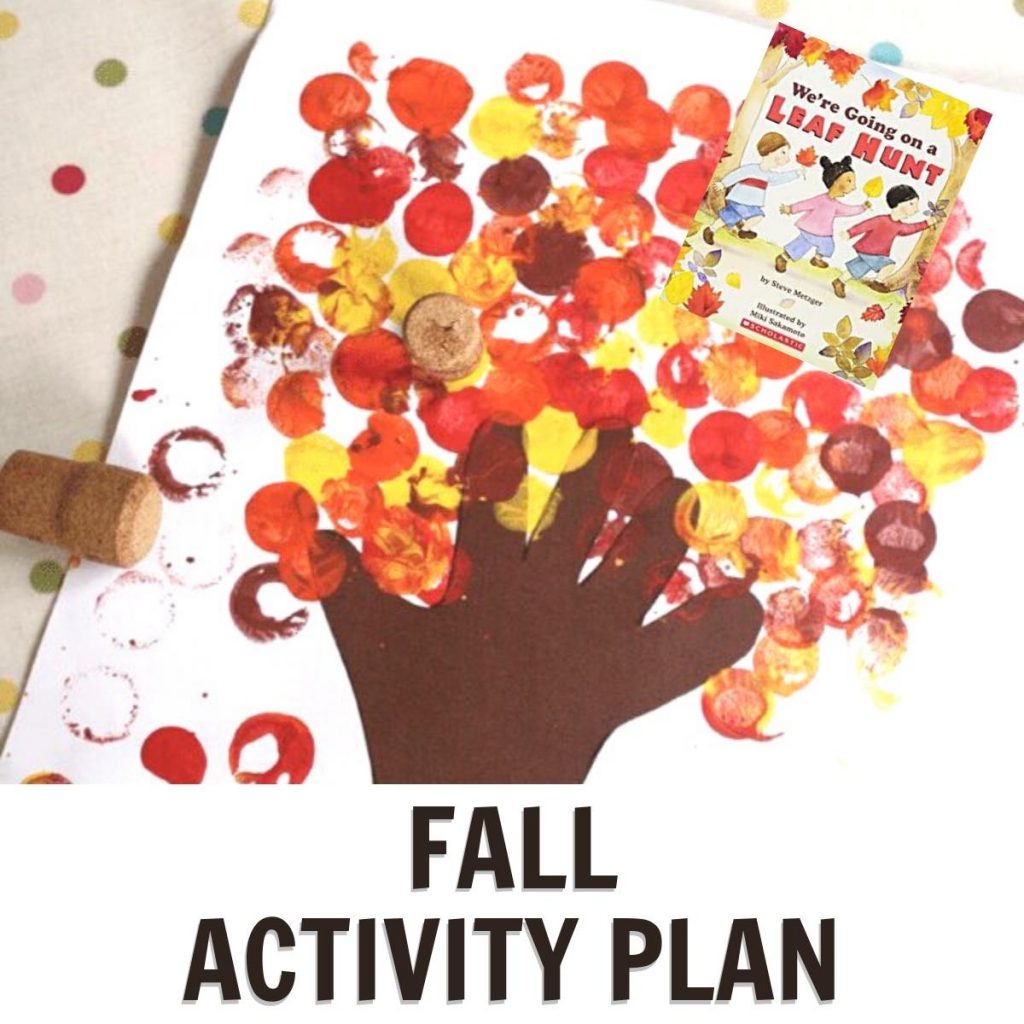 fall tree with we're going on a leaf hunt book cover and text reading fall activity plan