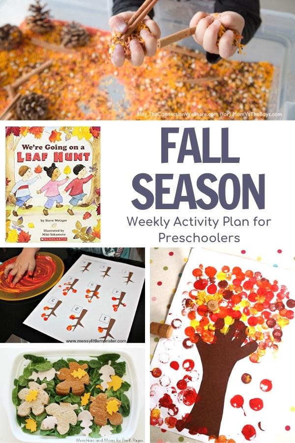 collage of fall activities for preschoolers inspired by the book we're going on a leaf hunt by steve metzger for preschoolers