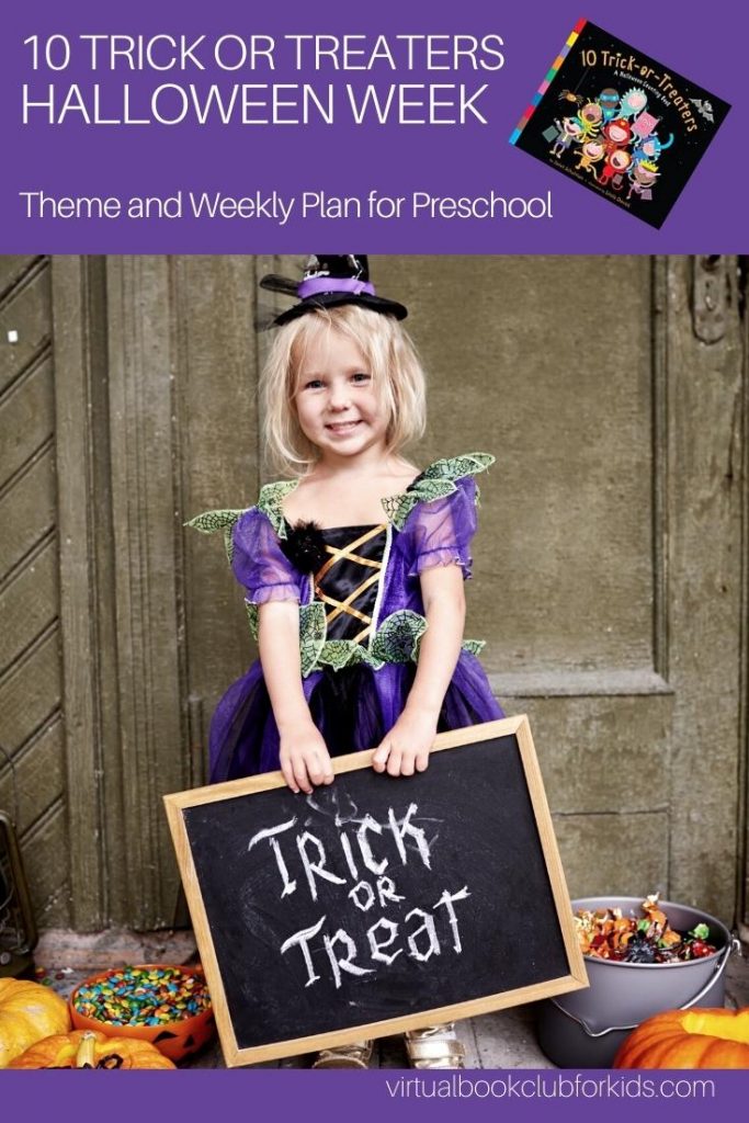 preschooler dressed up for halloween for the pinterest image for the Halloween week featuring 10 Trick or Treaters