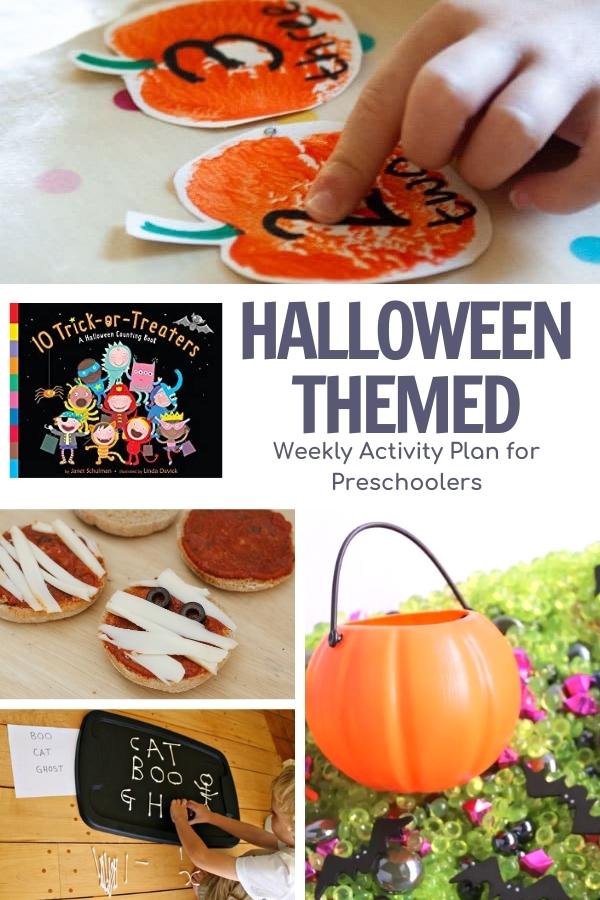 pinterest image for Halloween Week Theme and Activity Plan for Preschoolers showing activities