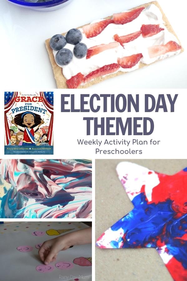 collage of activities for preschoolers and book for election day