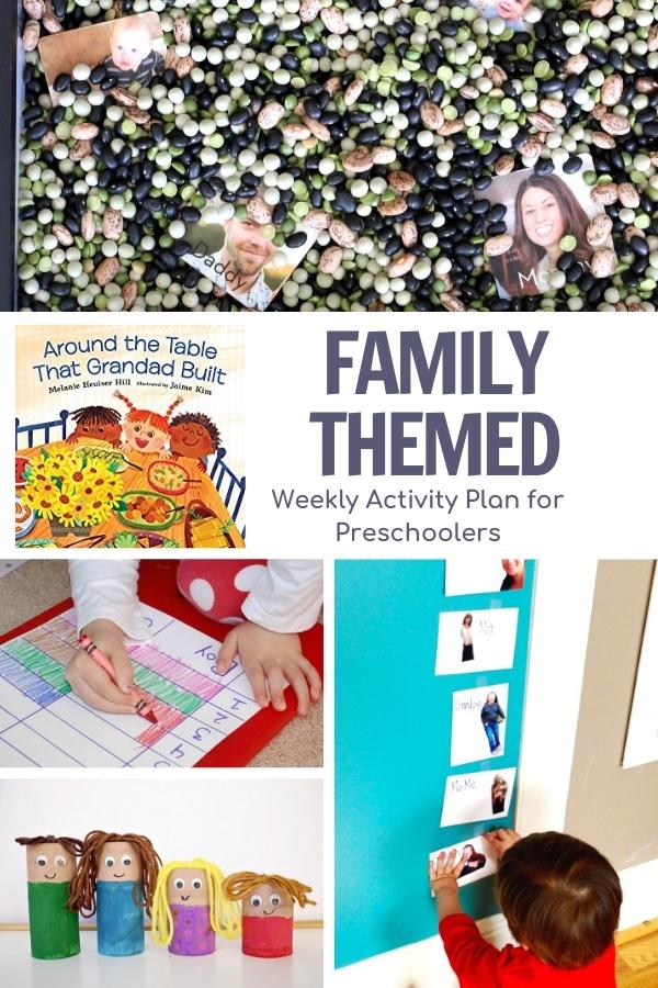 collage of family themed activities for preschoolers with the cover of the featured book Around the table that grandad built for the virtual book club for kids