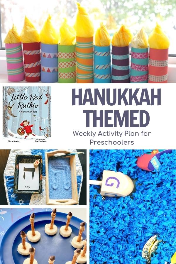 collage of Hanukkah themed activities for preschool to do alongside the book little red ruthie