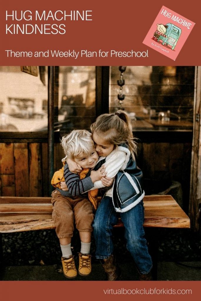 pinterest image for the virtual book club for kids activity plan for the book Hug Machine and kindness week