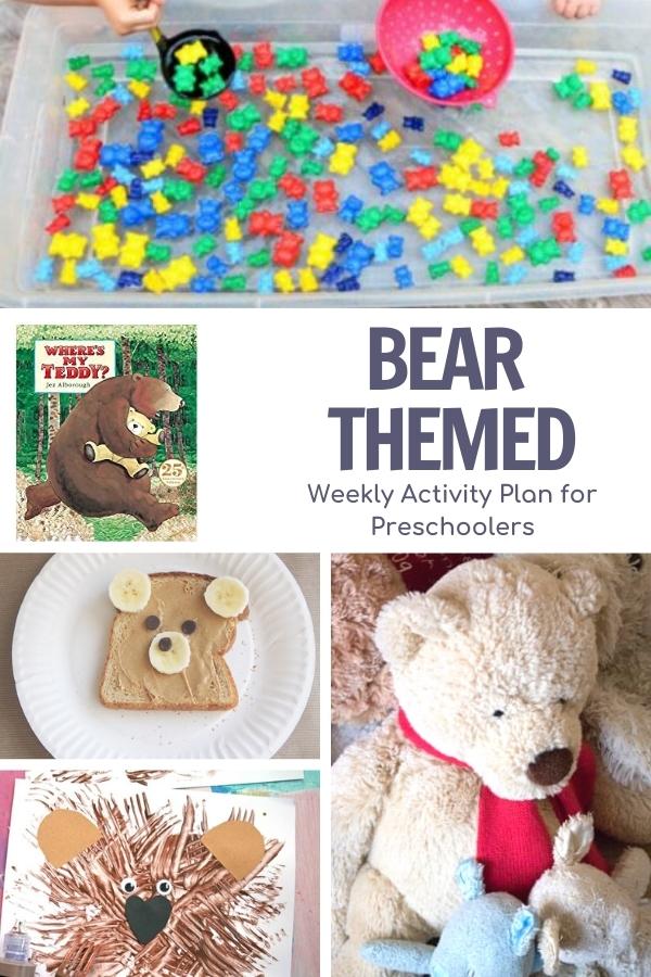 collage of bear themed activities for preschooler to do with the book wheres my teddybear