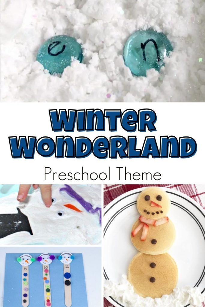 collage of winter activities for preschoolers for a Winter Wonderland preschool theme top picture is of letter snows in the snow, text in the centre reads Winter wonderland preschool theme below 3 images, a child's finger creating a melted snowman from puffy paint, buttons on craft stick snowmen for counting and a set of mini pancakes created to look like a snowman with a strawberry scarf