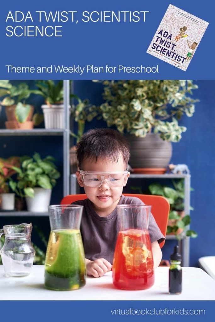 Pinterest image for ada twist, scientist themed activity plan for preschoolers image of a preschooler with safety glasses on looking at conical flasks