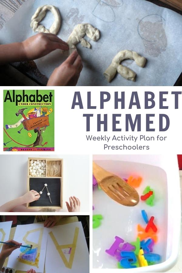 collage of alphabet construction activities for preschoolers to do alongside the book alphabet under construction by denise fleming