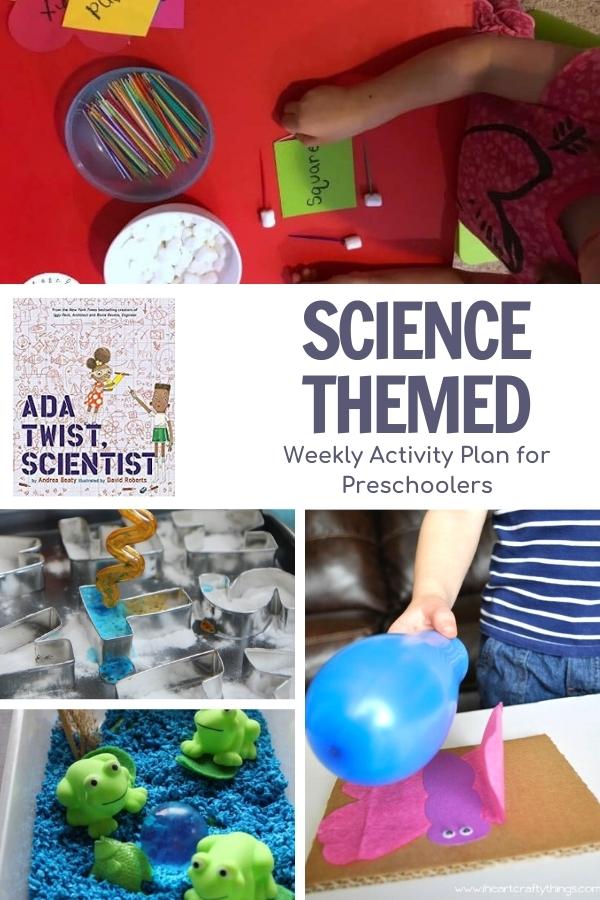 collage of science themed activities for preschoolers, engineering shapes for math, fizzing letters, frog life cycle sensory bin and static electricity craft featuring the book Ada Twist, Scientist