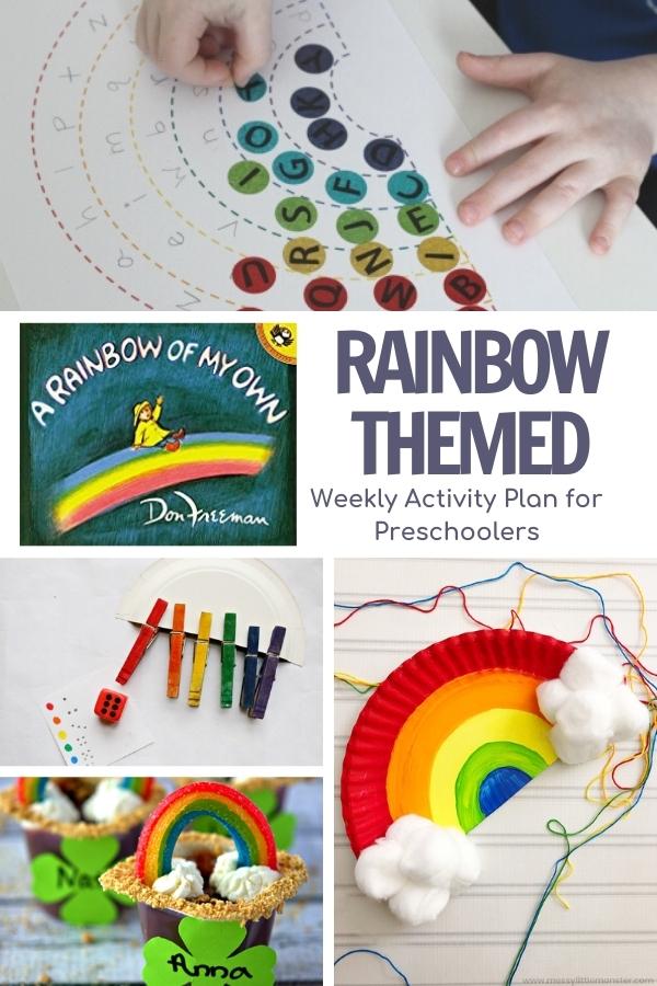 pinnable image from the Virtual Book Club for Kids for the Rainbow themed activity plan with simple and easy rainbow activities for preschoolers in a colage, letters, games, snack and crafts as well as the featured book A rainbow of my own by don freeman