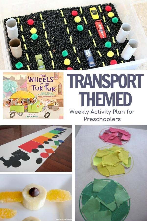 pinterest image of a collage of transport themed activities, sensory bin, shape matching activity, stop light and airplane snack to go with the book Wheels on the Tuk Tuk