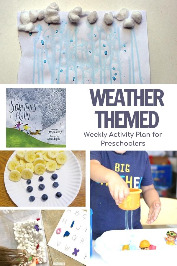 pinterest image for a week of planned activities for preschoolers inspired by the book sometimes it rains by meg fleming clouds, rain and more