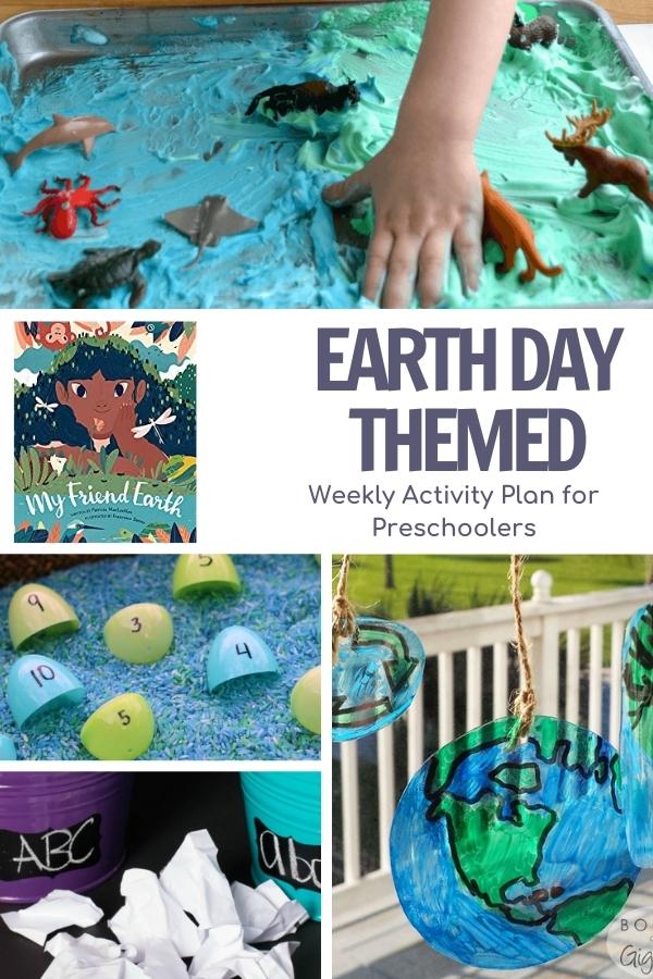 collage of earth week activities for preschoolers, shaving cream sensory bin, math activity, letter recycling and upcycled sun catchers featuring the book My friend earth by Patricia MacLachlan