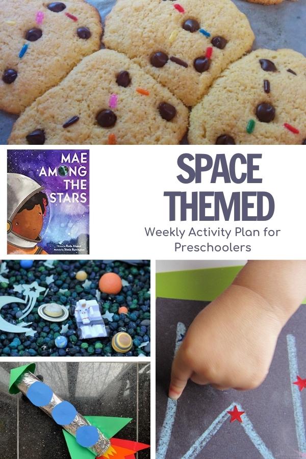 Collage of some of the fun space themed activities for preschoolers to go along with the book Mae Among the Stars as shown on the image images in the collage include cookies with star constellations, a space sensory bin, rocket craft and making constellations with letters on a black background